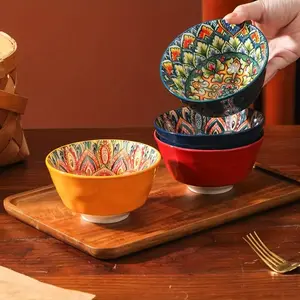 Boho Style Ceramic Bowl Set, 4 Counts Colorful Exquisite Bowl, Dessert Bowl, Ice Cream Bowl, Bowl Set for Soup, Oatmeal, Salad, Dessert