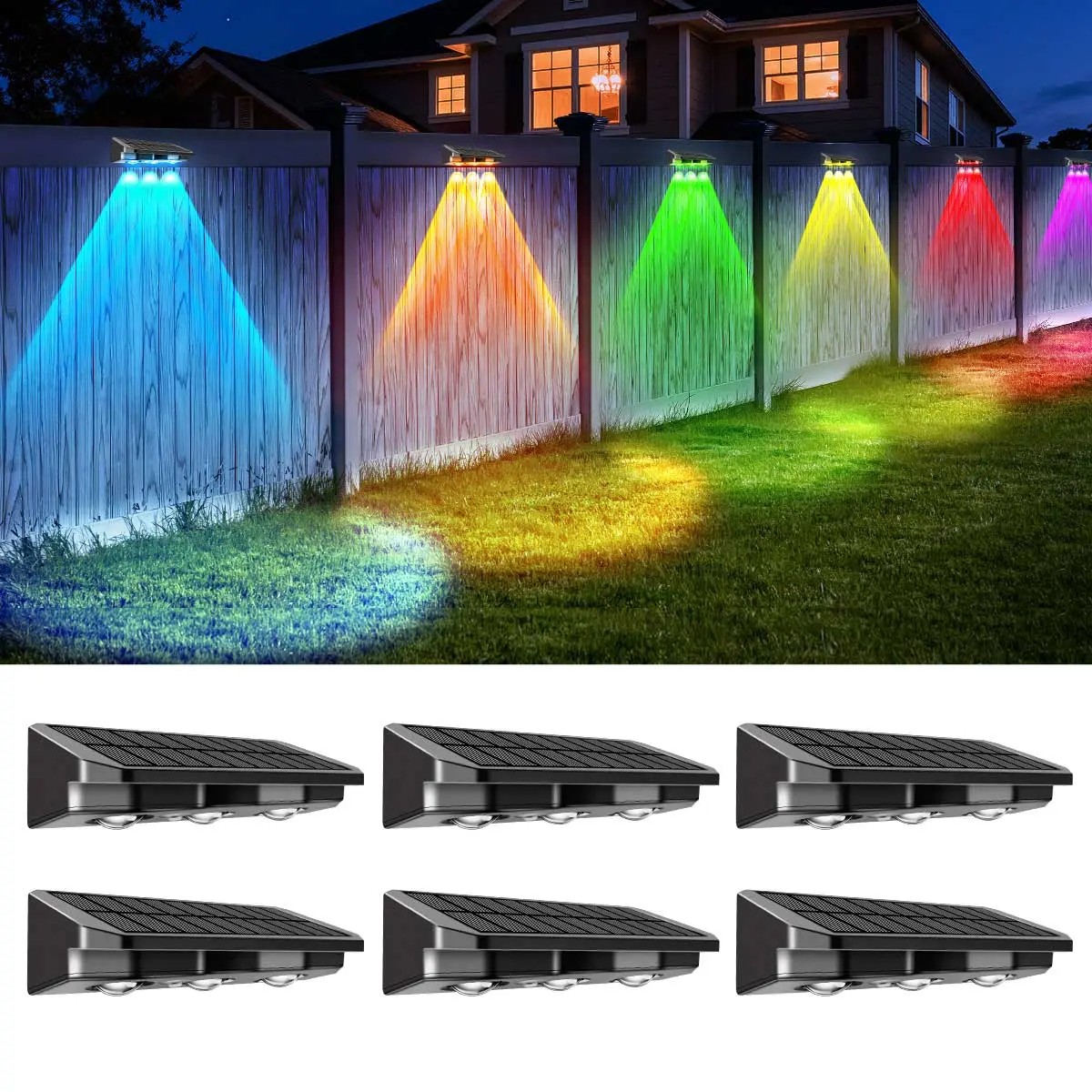 Nupostai Bright LED Solar Lights Outdoor Waterproof 8 Fixed Colors & RGB Color Changing & Warm White,3-Heads Concave Lens,Aesthetic Solar fence & Wall Lights, IP65 Decorative Lamp for Step Backyard Deck Patio Railing Pool Porch Garden Pathway