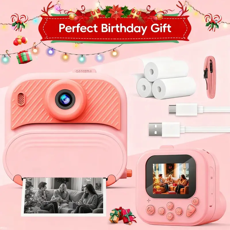 Kids' Handy Instant Print Digital Camera Kit - 48MP, 1080P HD, 2.4-in Screen, Adventure Ready, Fast Charging, Fun Frames, Printer Paper Included, Creativity Toy, MP3 Player, Games, Cool Gifts for 3-12 Year Old Girls