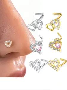 Fashion Stainless Steel Zircon Heart Nose Stud, L-Shaped Design 20g Nose Ring for Women, Daily Wear Valentine Jewelry Gift, Nose Piercing Jewelry