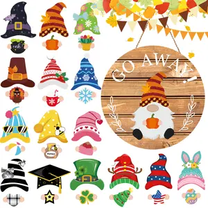 DIY Mix & Match GO AWAY Gnome Wooden Door Sign, Interchangeable Magnetic Detachable Hats & Seasonal Ornament Set, All Holiday Front Door Hanging Home Porch Decor