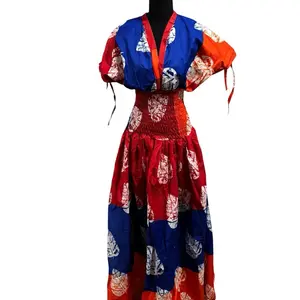 Trends By Scorp Women's Vibrant Leaf-Patterned African Ankara Smokey Maxi Dress - 100% Cotton High-Quality Wax Fabric, Red Blue Orange, Free Size 4-10, Casual Wear for Lady