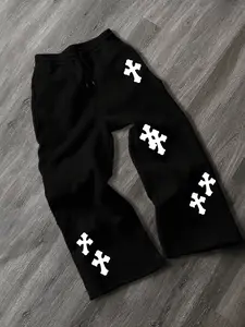Men's Cross Print Baggy Sweatpants, Wide-Leg Streetwear Trousers, Casual Drawstring Pants, Bold Graphic Bottoms