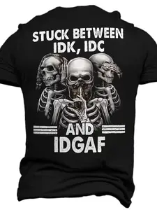 Men’s comfortable, stylish T-shirt with 3D skull and letter print; graphic short-sleeve T-shirt for summer outdoor wear; men’s clothing, men’s tops