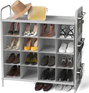 Gray 4-Tier 16 Cube Shoe Cubby Rack Organizer, Versatile Design for Home Organization