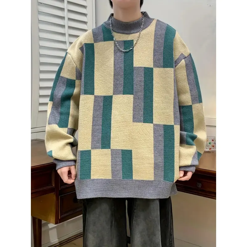 Men's Trendy Geometric Color Block Sweater - Warm Thick Knit Pullover for Fall/Winter, Blue, Black, Gray & White Ribbed Cuffs, Round Neck, High-Stretch Acrylic Blend, Machine Washable, Knit Sweater