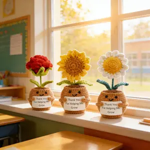 Handmade Crochet Sunflower Bouquet - Artificial Floral Gift with "Thank You for Helping Me Grow" Tag, Cute Desktop Decor for Home, Office or Window Sill