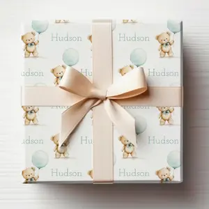 Teddy Bear Wrapping Paper Roll Baby Boy Wrapping Paper Roll With Custom Name, Teddy Bear With Balloon Gift Wrap Roll