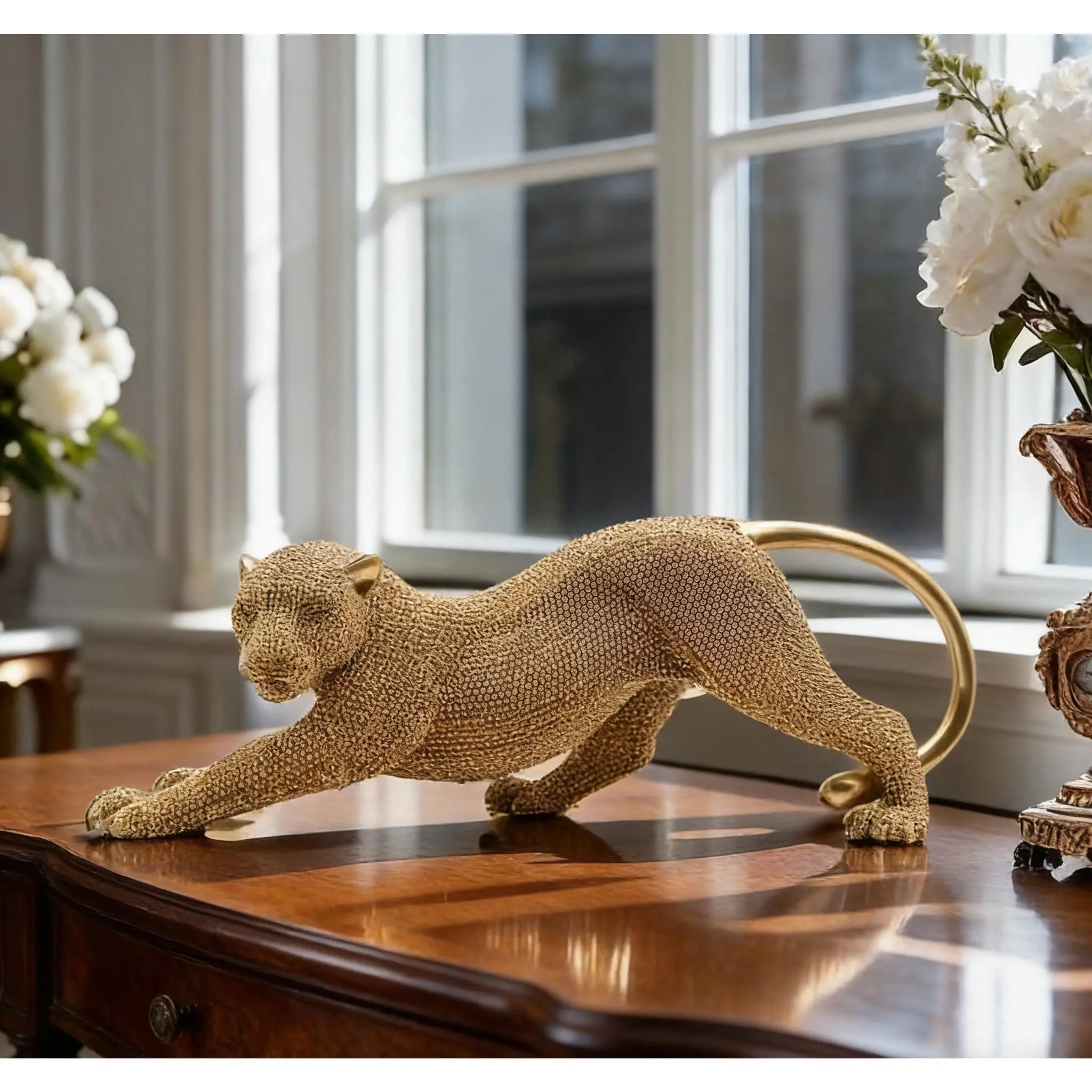 New Creative Resin Money Leopard Figurine - Handmade Resin Statue with Beaded Detail, Leopard Motif, Figurine Decor & Home Decor Sculpture - Ideal for Home Living Room, Office Desk & Holiday Gift