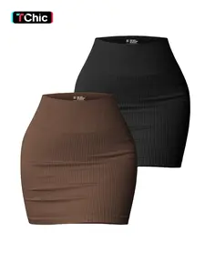 Women's Solid Ribbed High-Waist Sports Skirt, High-Stretch Seamless Skinny Skirt, Ladies Sportswear Workout Skirts for Indoor Outdoor Wear