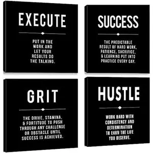 Motivational Grit Success Execute Hustle Quotes Canvas Wall Art -Inspirational Office Wall Art Poster Quotes - Canvas Artwork Picture Print Framed for Home Bedroom Office Wall-12 x12 x4pcs
