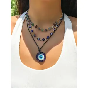 Vintage Evil Eye Design Pendant Necklace, Elegant Beaded Necklace, Boho Style Mexican Necklaces, Jewelry for Women for Gift, Fashion Matching Accessory