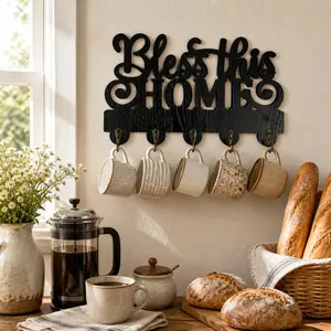 Bless This HOME Wooden Wall Hook Rack, 5 Hooks for Keys, Mugs, Coats and Bags, Key Holder, Wall-Mounted Coat Hook, Art Key Organizer,  Ideal for Entryway, Kitchen, Office Decor