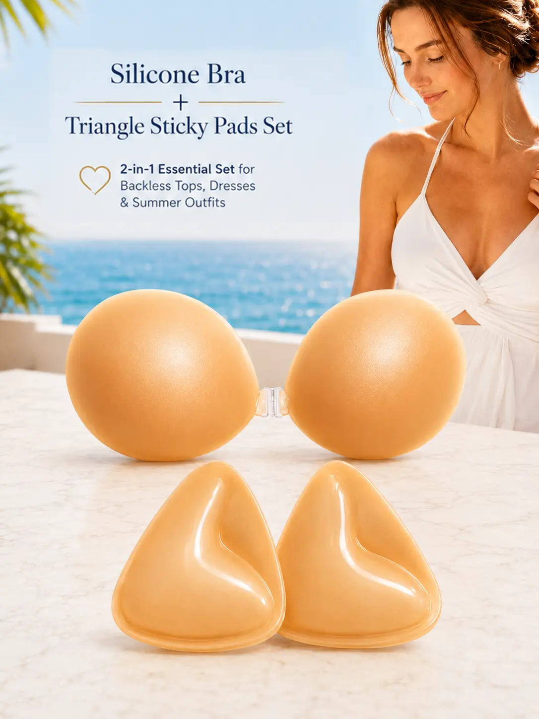 Silicone Sticky Bra & Triangle Bra Pads Set for Women, Push-Up Adhesive Bra Bundle, Reusable Strapless Backless Invisible Bra Inserts for Halter Tops, Low Cut Dresses, Cami Tops, Bikini Tops & Formal Outfits