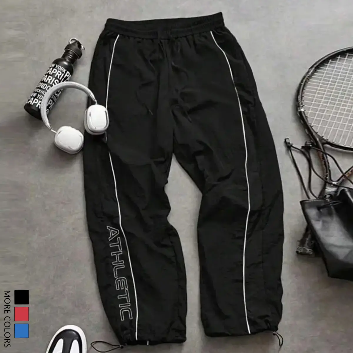 Men's Sporty Wide Leg Color Block Side Stripe Athletic Jogger Pants - Elastic Waist with Drawstring, Letter Print, Adjustable Cuffed Ankles for Casual Sports, Sporty Joggers