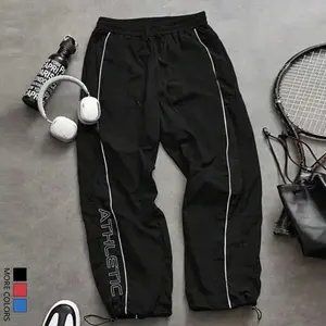 Male Wide Leg Color Block Side Stripe Athletic Jogger Pants - Elastic Waist Drawstring, Letter Print, Adjustable Cuffed Ankles for Casual Sports tiktokshopspringglowup