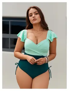 Plus Size Swimsuit for Women - Mint & Teal Color Block One Piece - Ruffle Sleeve Swimwear with Tummy Control - Modest Bathing Suit for Curvy Women - Comfortable & Flattering Fit