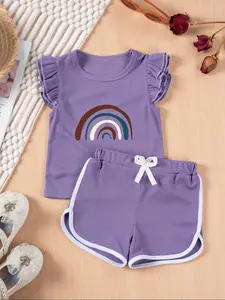Two-Piece Set Toddler Girl's Rainbow Print Short Sleeve Tee & Bow Decor Shorts, Casual Round Neck T-shirt & Elastic Waist Shorts, Summer Outfits Clothes for Kids