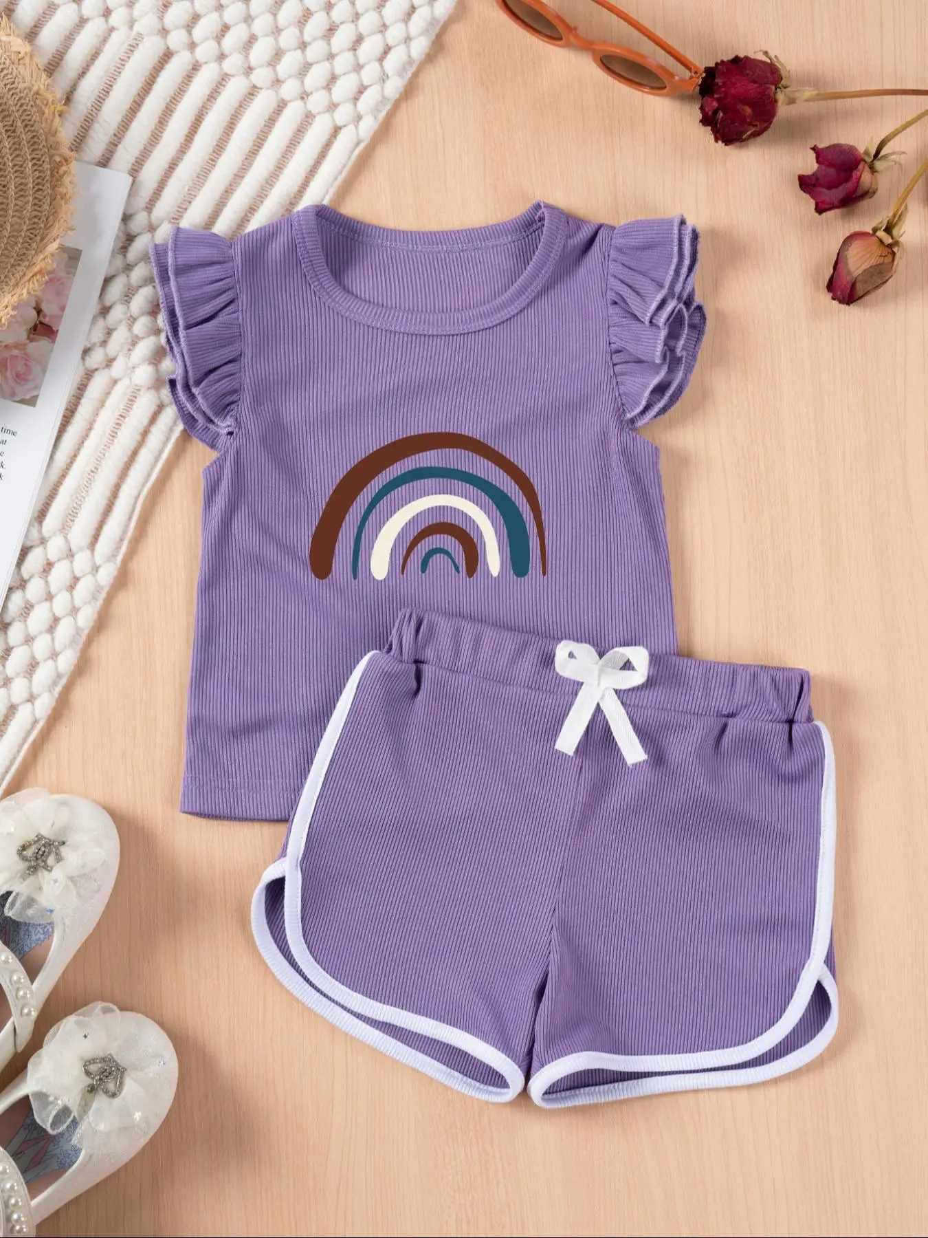 Two-Piece Set Toddler Girl's Rainbow Print Short Sleeve Tee & Bow Decor Shorts, Casual Round Neck T-shirt & Elastic Waist Shorts, Summer Outfits Cloth
