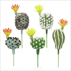 12cmArtificial Desert Cactus with Flowers, 5 Pcs Faux Mixed Indoor Succulents, Vibrant Ball Cactus Stems with Yellow Orange Blooms, Fake Spiky Plastic Tropical Greenery, Decorative Flowers for Plant Wall Design, Home Window Shelf Farmhouse Decor, Unpotted