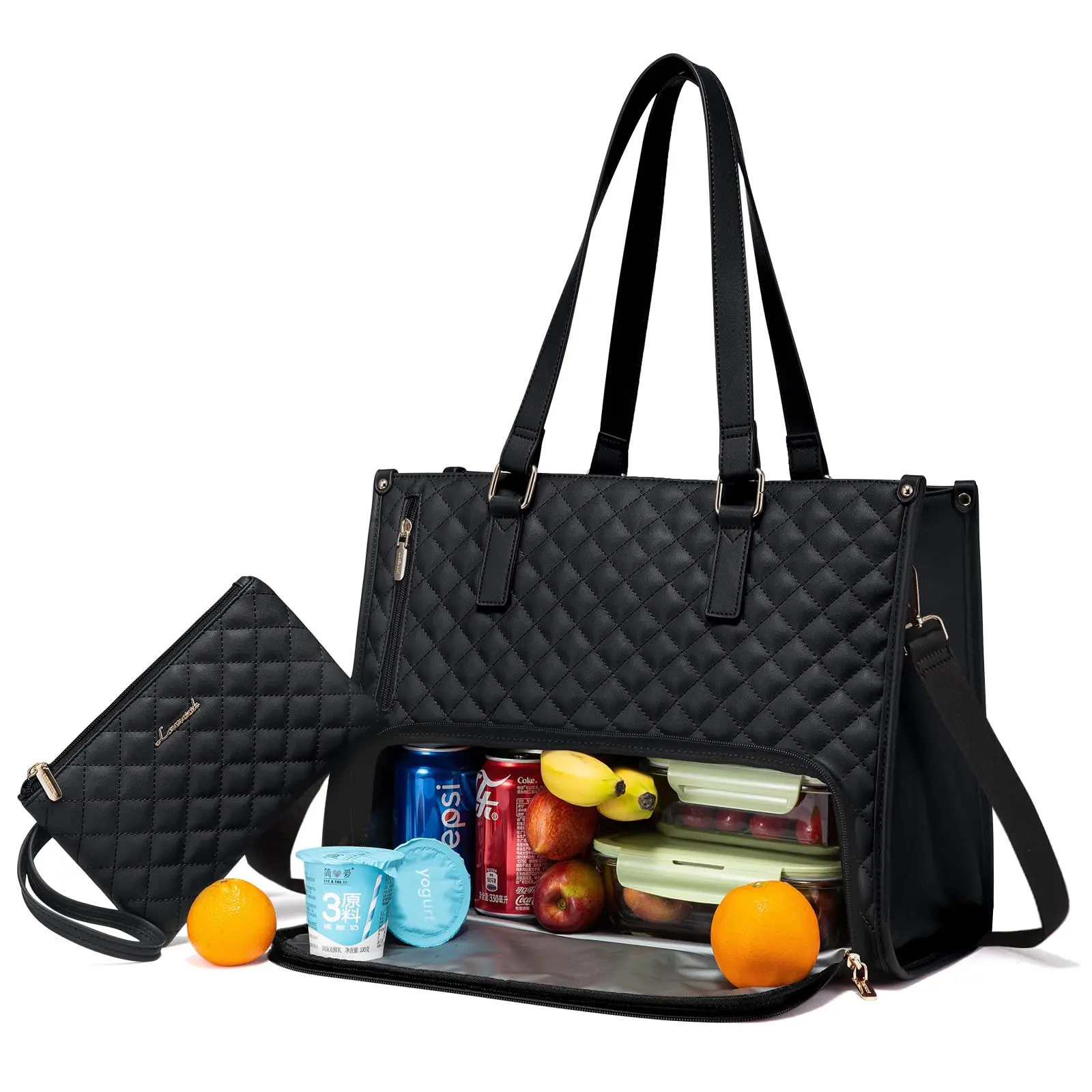 Large Women's Lunch Bags with Insulated Compartment 15.6inch Laptop Tote Bag with Leakproof Lunch Box Pocket Work Bag Handbag Black Quilted Design