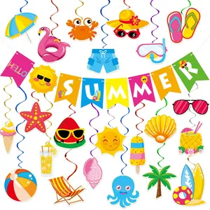 “Hello Summer” Hanging Twister Decorations—Tropical Beach Pool Party Supplies, featuring colorful paper banners and twister garlands, perfect for summer parties, Hawaiian-themed events, summer-themed birthday parties, and home classroom decorations