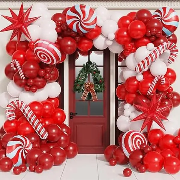 148Pcs Christmas Balloon Garland Arch Kit Red White Balloons Candy Cane Star Balloons for Holiday Christmas New Year Party Decorations