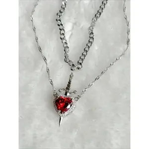 2pcs Heart and Sword Necklace Set, Love Heart Necklace, Unique Couple's Jewelry, Silver Color &, Perfect for Weddings & Parties, Includes Rose Box