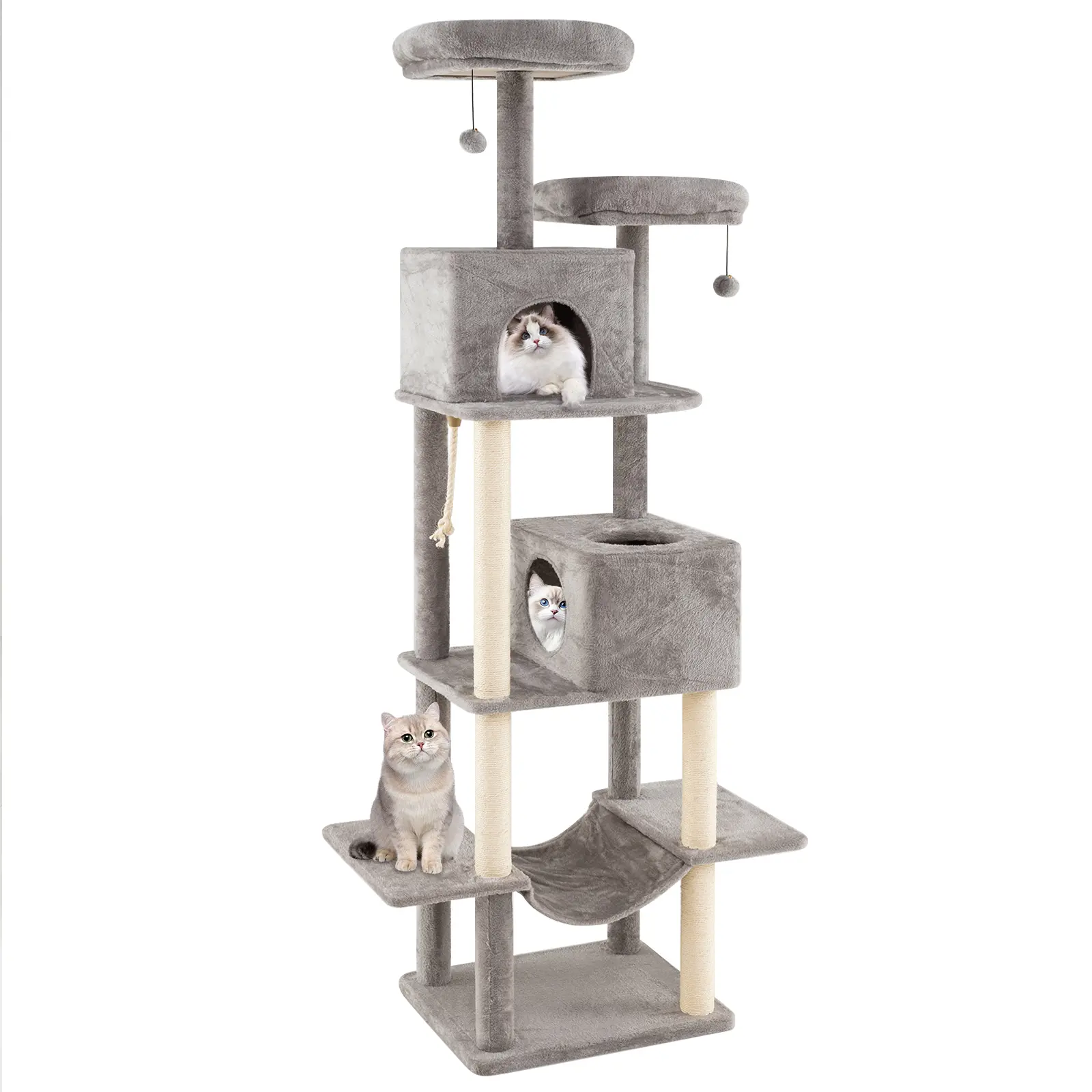 COSTWAY - 84 Inch Large Cat Tree with 2 Condos and 2 Soft Plush Perches for Indoor Cats-Gray