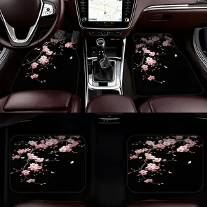 4pcs Japanese-Style Sakura Car Floor Mats, Black Base with Pink Floral Print, Fits Hatchbacks& SUVs, Car Interior Accessories