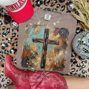 Comfort Colors Brushstroke Cross Print Tshirt, Western Cowboy Tshirt, Cowboy Graphics, Western Faith Tshirt, Church T-Shirt Jesus Brushstroke Tshirt