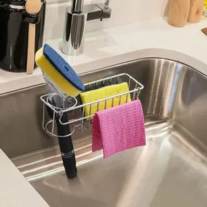 3-In-1 Sponge Holder for Kitchen Sink with Suction Cups & Adhesive Hook , In Sink Sponge Holder, Wall Hanging Sink Caddy Organizer Rack - Sponge, Dish Cloth, Brush, Scrubber - 304 Stainless Steel Basket Book Installation Water Proof shoe drain board