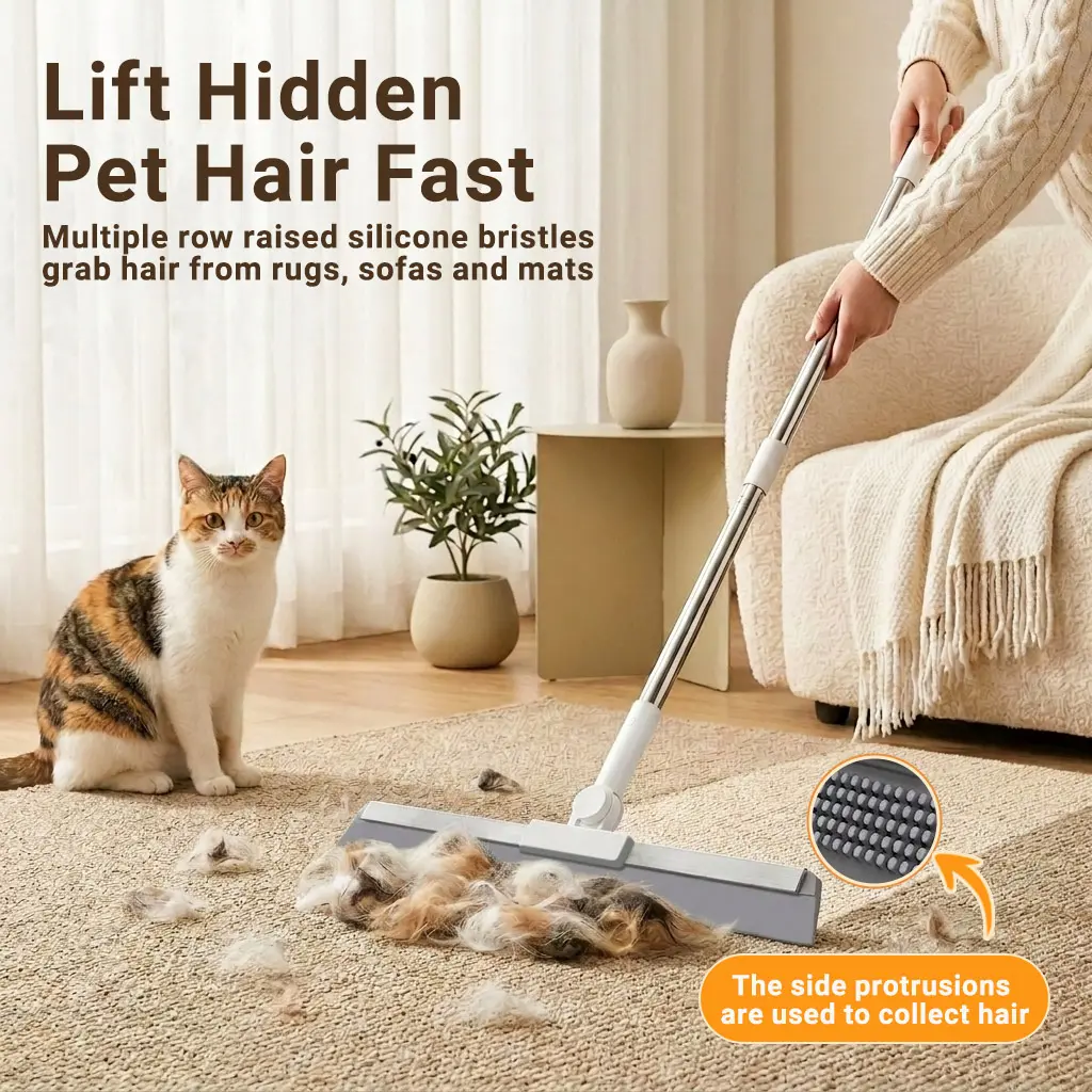【TikTokShopBackToSchool】Multifunctional Pet Hair Remover Broom | Rubber Carpet Rake & Silicone Floor Sweeper for Dog & Cat Hair | Telescoping Handle | For Tiles, Wooden Floors, Carpets | Home Cleaning Must-Have
