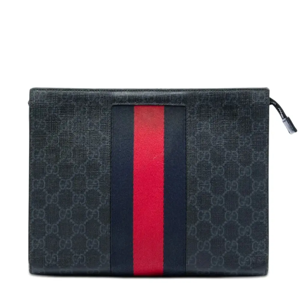 Pre-owned GUCCI leather Shoulder bags GG Supreme grey coated canvas monogram stripe webbing clutch Z 1852