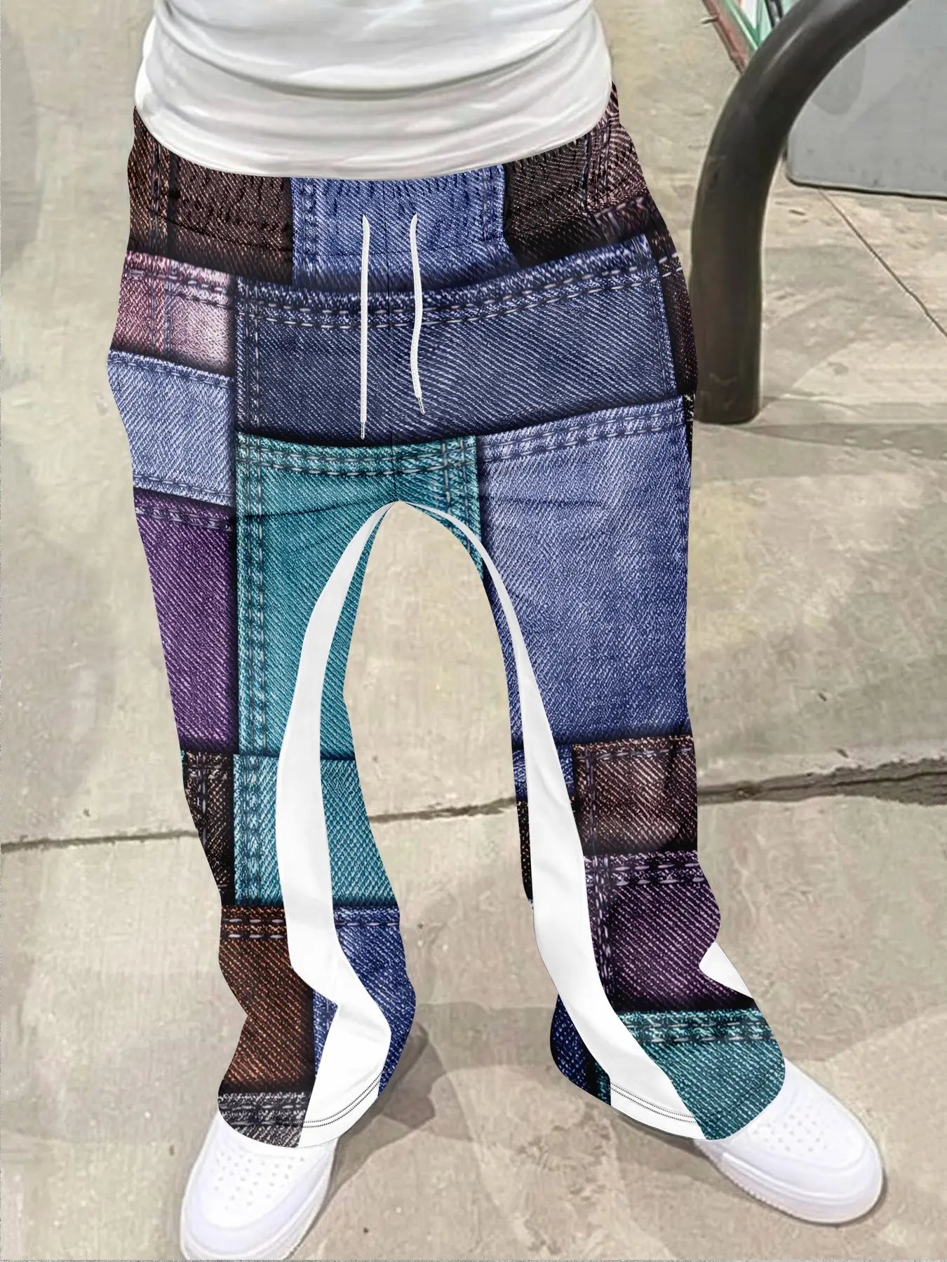 Vintage Distressed denim patches, Y2K retro Geometric color block splicing casual pants, men's high street retro printed flared pants, Casual streetwear trousers, Fitted, Utility workwear casual fashion trend, light industrial clothing style