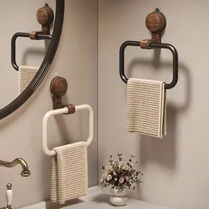 No Drill Suction Cup Bathroom Towel Rack - Vintage Walnut Finish Aluminum Ring, Space-Saving Adhesive Mount for Bathroom Organization, No Screws Towel Holder, Easy Installation, Farmhouse Style, Durable