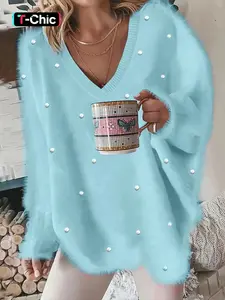 Women's Plain V-Neck Beaded Knit Sweater, Long Sleeve Loose-Fitting Casual Pullover for Fall & Winter, Simple Style Knitwear