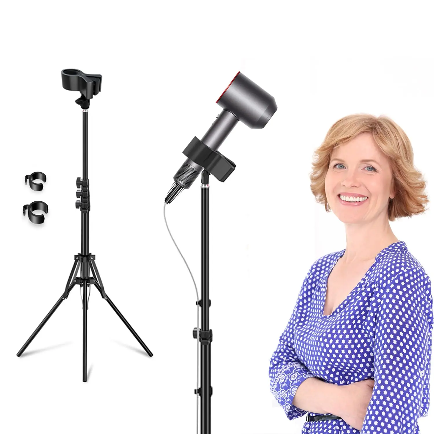Black Adjustable Length Tripod Hair Dryer Stand - 20-63 in, Universal Clip, Hands-Free Ergonomic Design, Shoulder Pain Relief, Versatile Use Bathroom Gadget