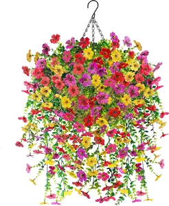 Der Rose Artificial Hanging Flowers Basket for Outdoors Fake Hanging Flowers Plants with 4 Faux Silk Trailing Vines for Porch Patio Balcony Spring Decor