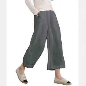 Womens Cotton Cropped Pants Loose Fit Wide Leg Capri Casual Plus Size Elastic Waist Trousers