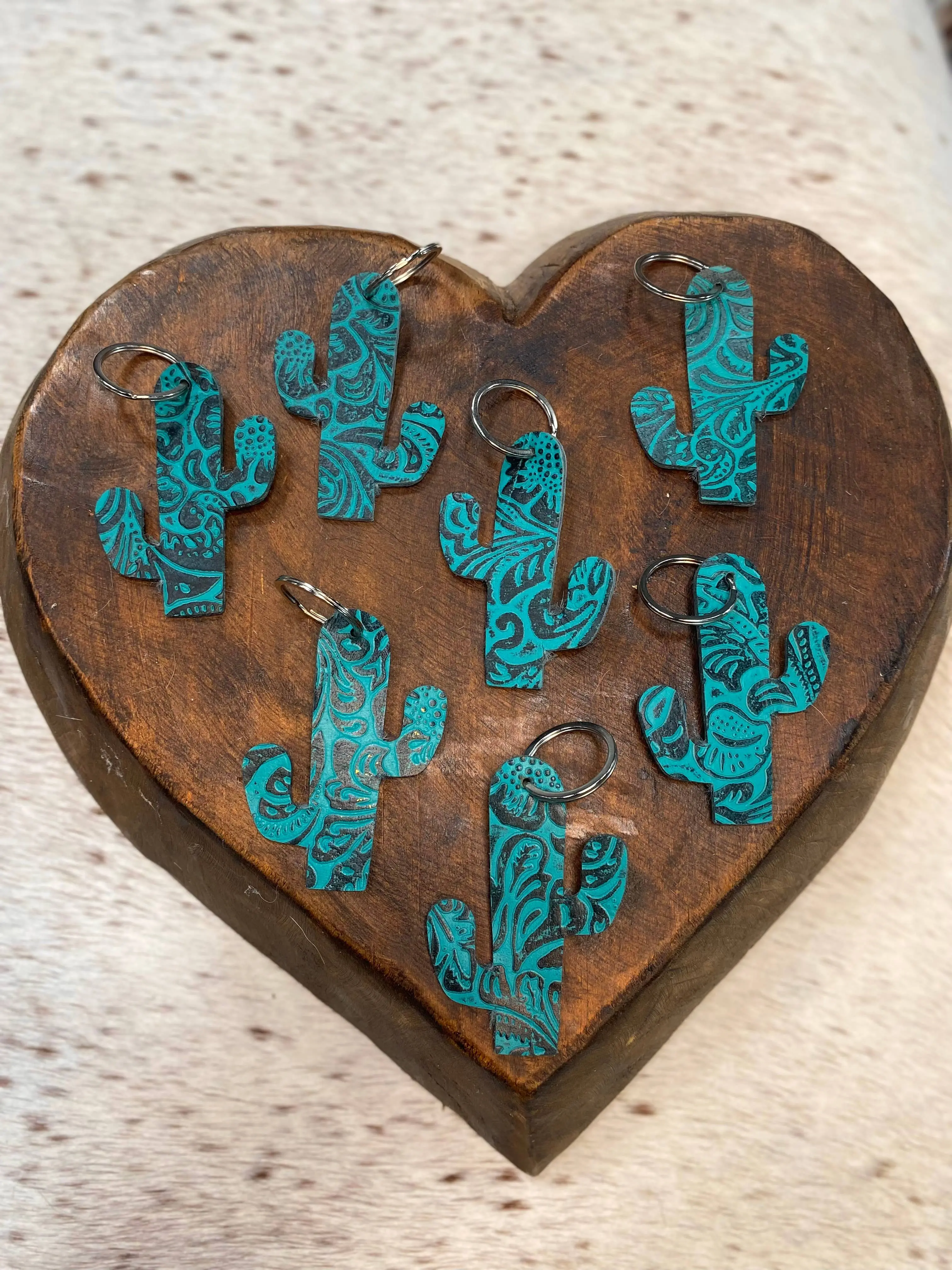 Cactus Embossed Turquoise Leather Keychain