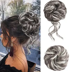 2PCS Messy Bun Hair Pieces Wavy Curly Synthetic Updo Chignon Fake Scrunchies Ponytail Extension for Women