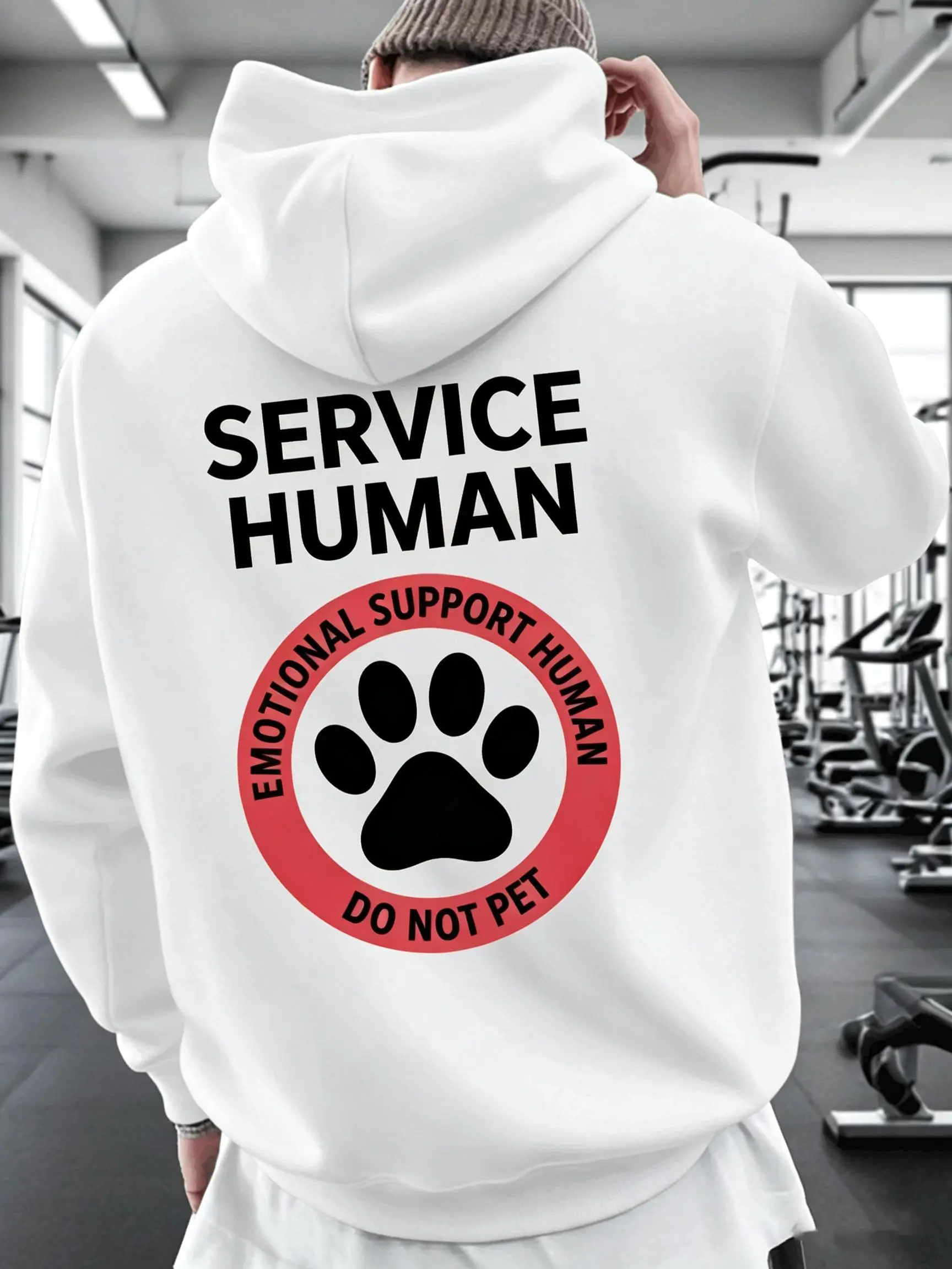Men's Emotional Support Human Back Print Hooded Sweatshirt - Winter Warm Casual Pullover with Service Human Slogan, Minimalist Hoodie for Christmas Gifts & Casual Attire Breathable Classic
