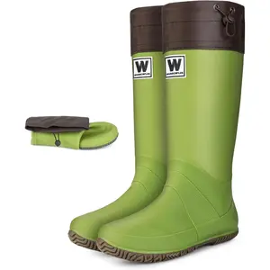 Women’s Waterproof Mid-Calf Rain Boots, Lightweight Foldable Rubber Boots with Quiet-Step Anti-Slip Sole, Adjustable Drawstring Cuff, Japanese-Inspired Style for Gardening, Birdwatching & Outdoor Work