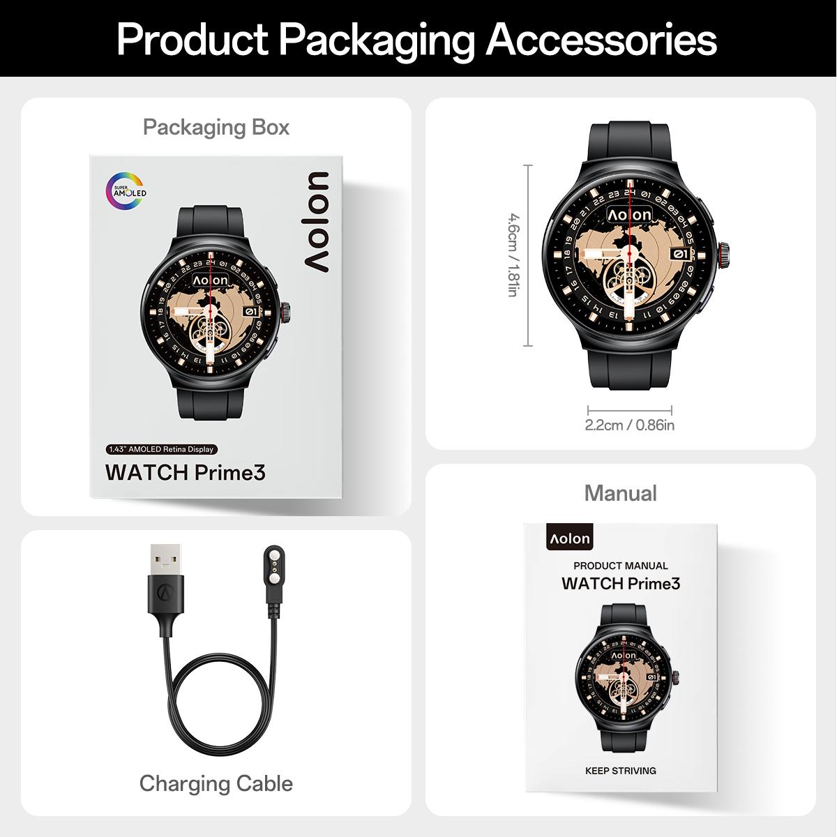 Aolon Prime3 Smart Watch Wearable – Featuring a 1.43" AMOLED Touchscreen, Stainless Steel Design, Bluetooth Calling, 100+ Sports Modes, Health Tracking, Waterproof Build, and iOS & Android Compatibility#fathers day gift#outdoor fun