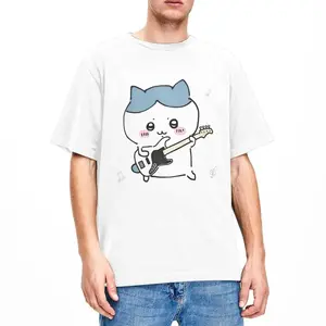 Chiikawa Hachiware Play Guitar T-Shirt Beach Awesome T Shirts 100% Cotton Harajuku Tshirt For Men's Short Sleeve Printed Tees,Unisex Crewneck T-shirt for Men And Women, Adult funny T-shirt, Gift for Woman and Man