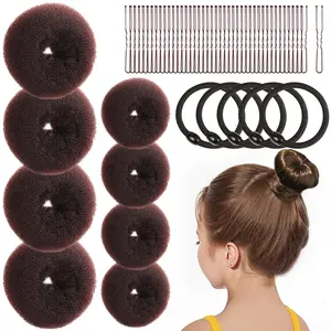 Donut Hair Bun Makers Set of 4 for Kids, 4 Extra Small Ballet Buns, Elastic Hair Ties, and Hair Pins (Light Brown)