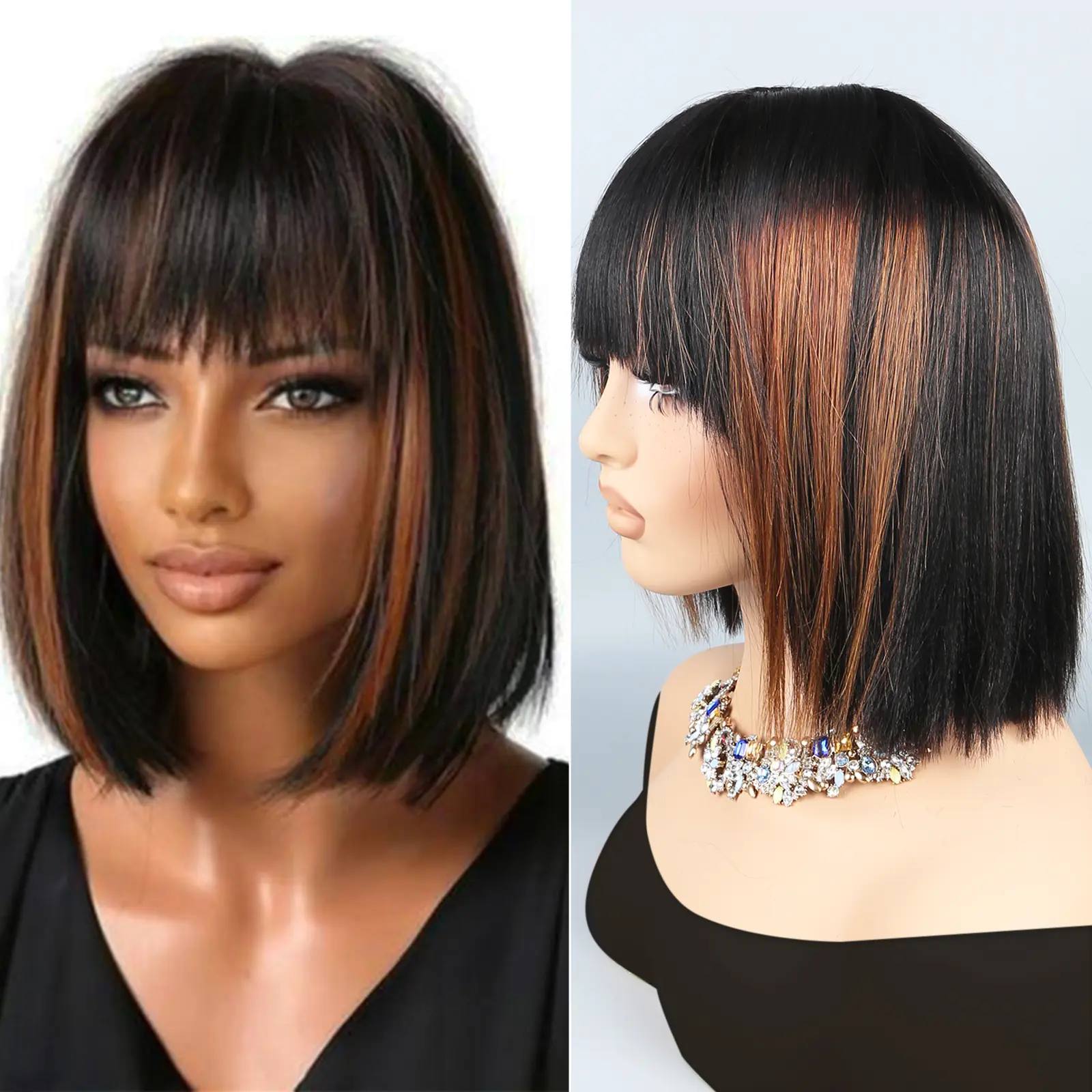 Unipearl Highligt Short Bob Wig with Bangs Straight Human Hair Glueless Lace Bob Wig Ready to Go Wigs