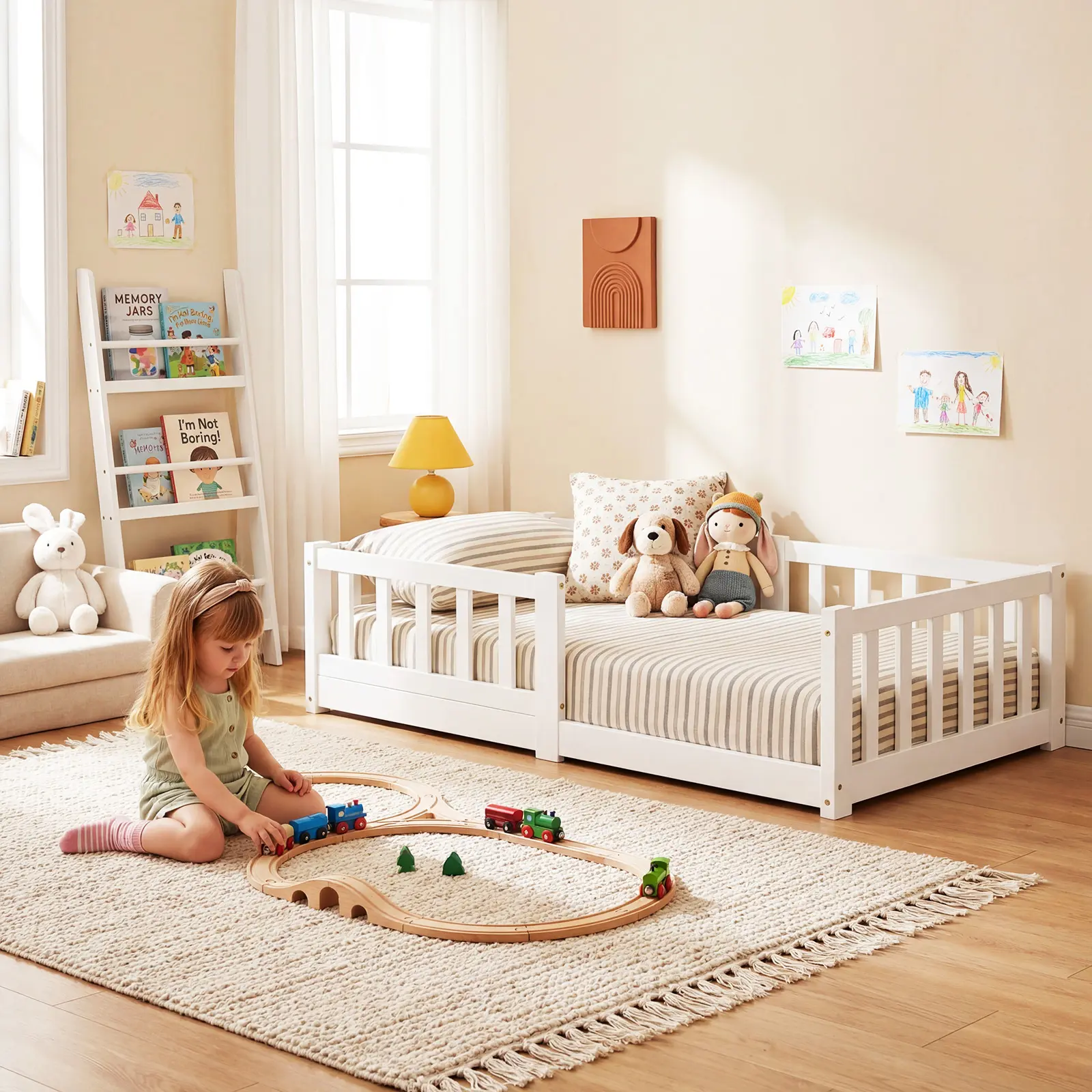 LILYPELLE Montessori Wooden House Toddler Bed with Safety Rails, Low-Profile Durable Frame, Ideal for Children's Room, Natural Wood Design for Family Fun
