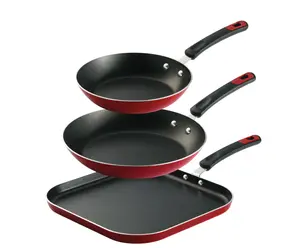 Aluminum Nonstick Fry Pan and Griddle Set - 3 pc Set in Metallic Red with Nonstick Coating for Frying - Cookware